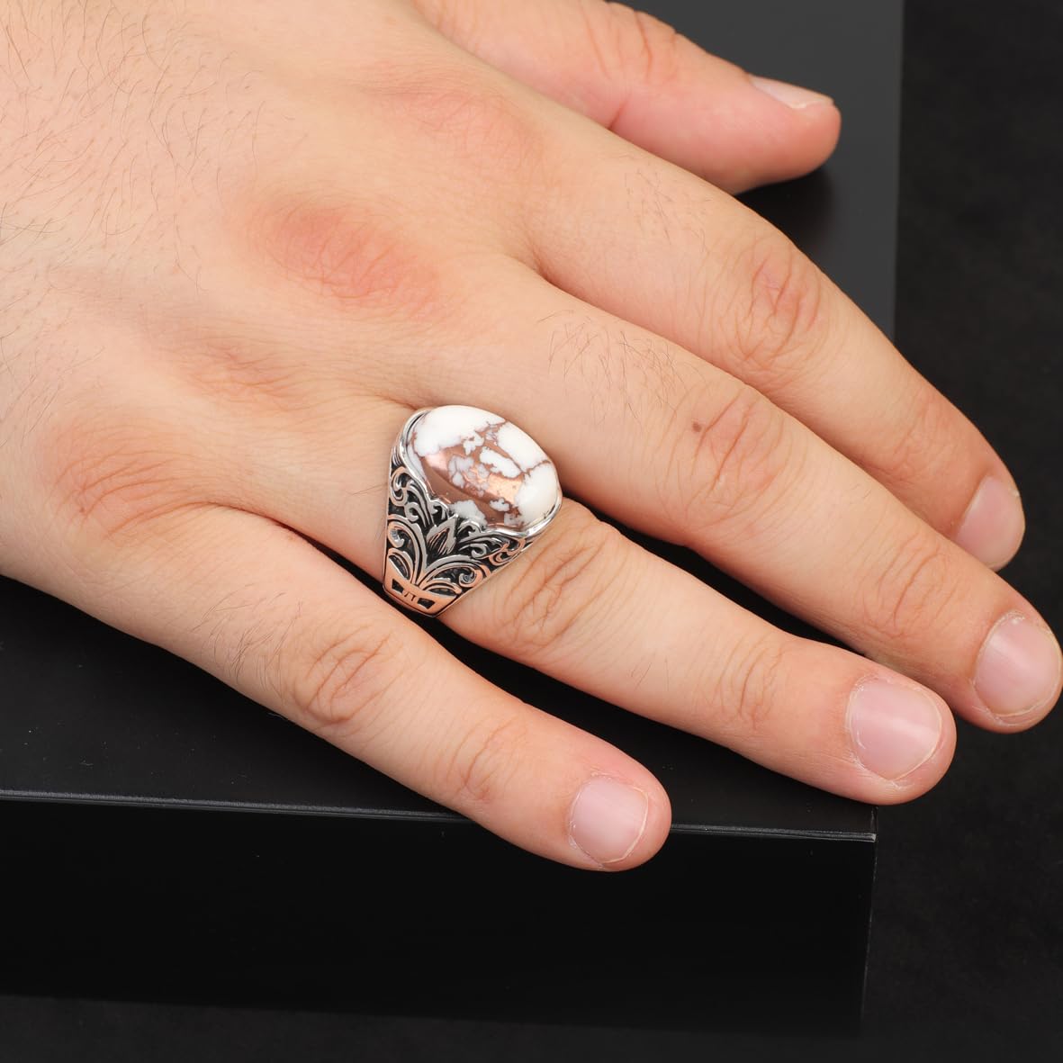 Mens White Turquoise Ring – Oval Gemstone in Ottoman Style – Handmade Vintage Sterling Silver Ring – Custom Engraved Engagement Ring with Gift Silver Polishing Cloth