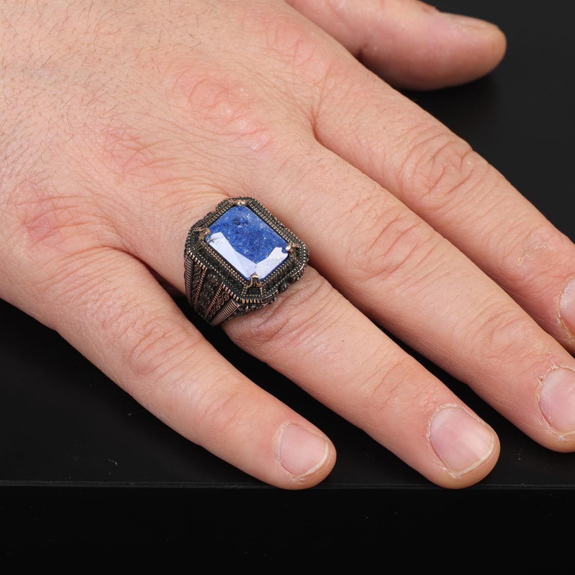 Handmade Sapphire Ottoman Ring with Micro Onyx Stone – Sterling Silver Vintage Mens Gemstone Ring – Engagement Rings for Men with Custom Engraving & Gift Silver Polishing Cloth