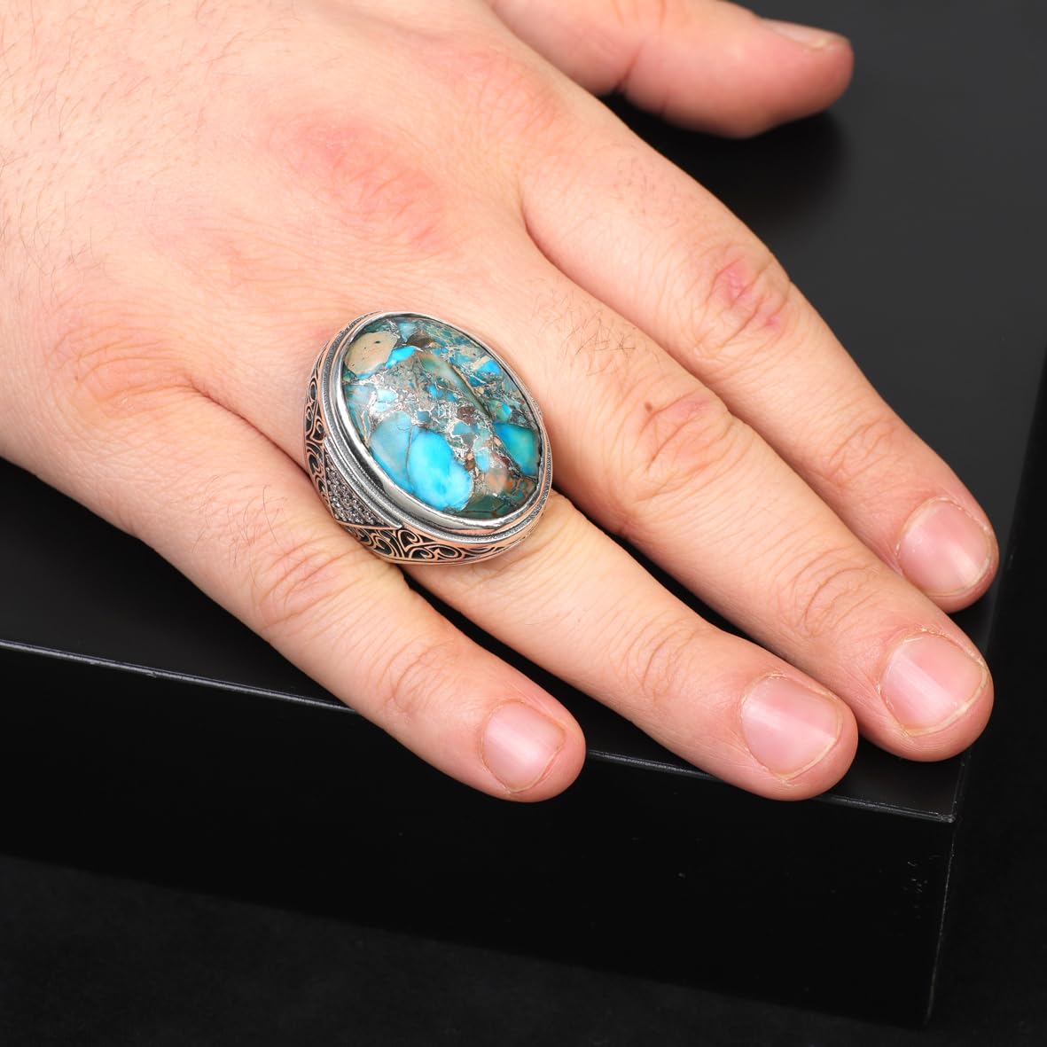 Handmade Special Turquoise Gemstone Ring – Large Chunky Ottoman Sterling Silver Ring for Men – Micro Sapphire Accent – Vintage Style Engagement Ring with Custom Engraving