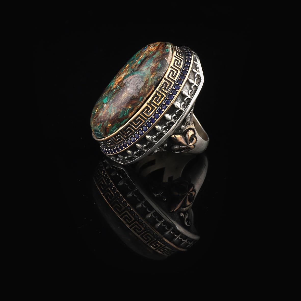 Iris Flower Model Special Turquoise Ring - Chunky Sterling Silver Engagement Ring for Men
