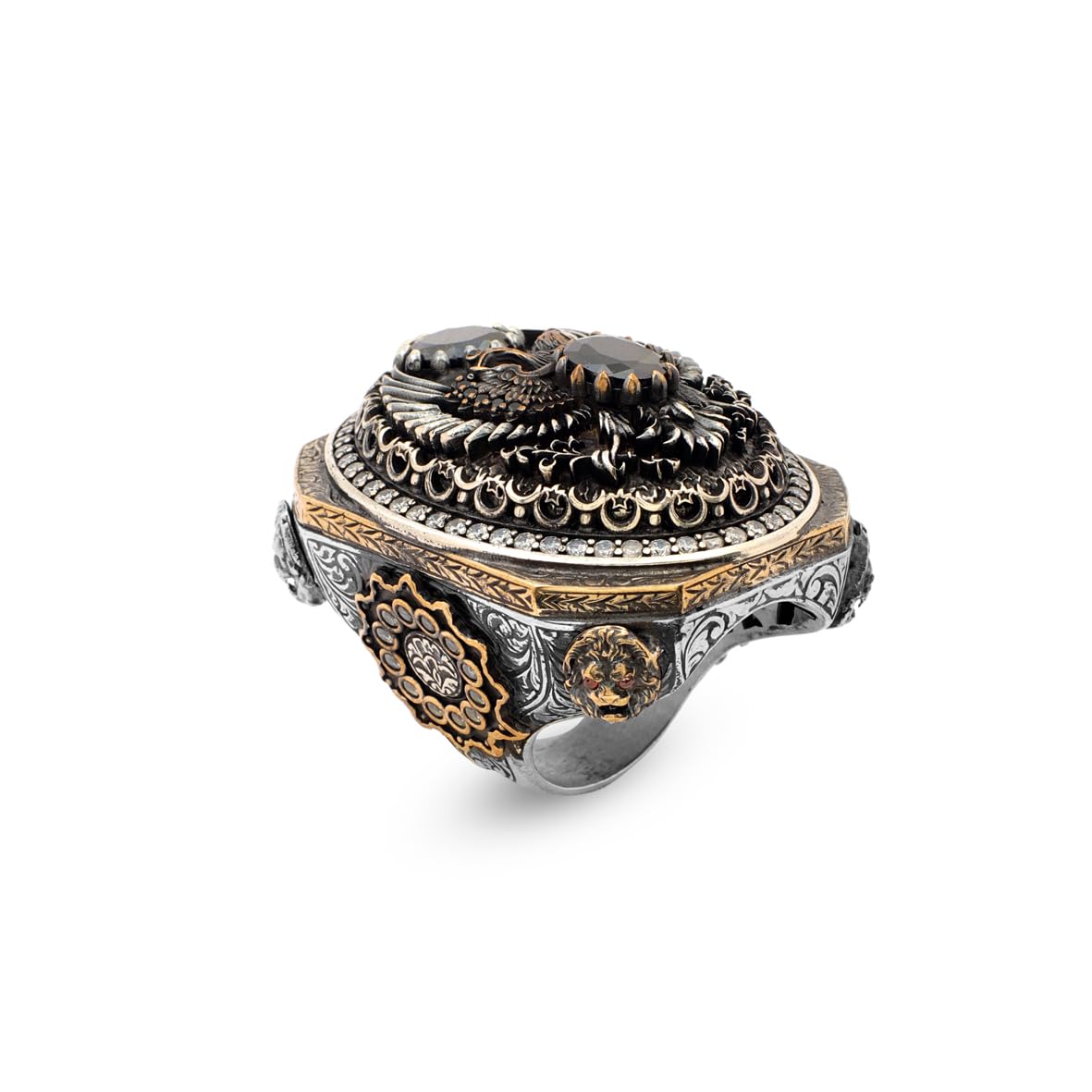 Onyx Eagle Signet Ring Large Statement Whiskey Barrel Chunky Silver Ottoman Vintage 925 Sterling Promise Engagement Gemstone Gift for Husband