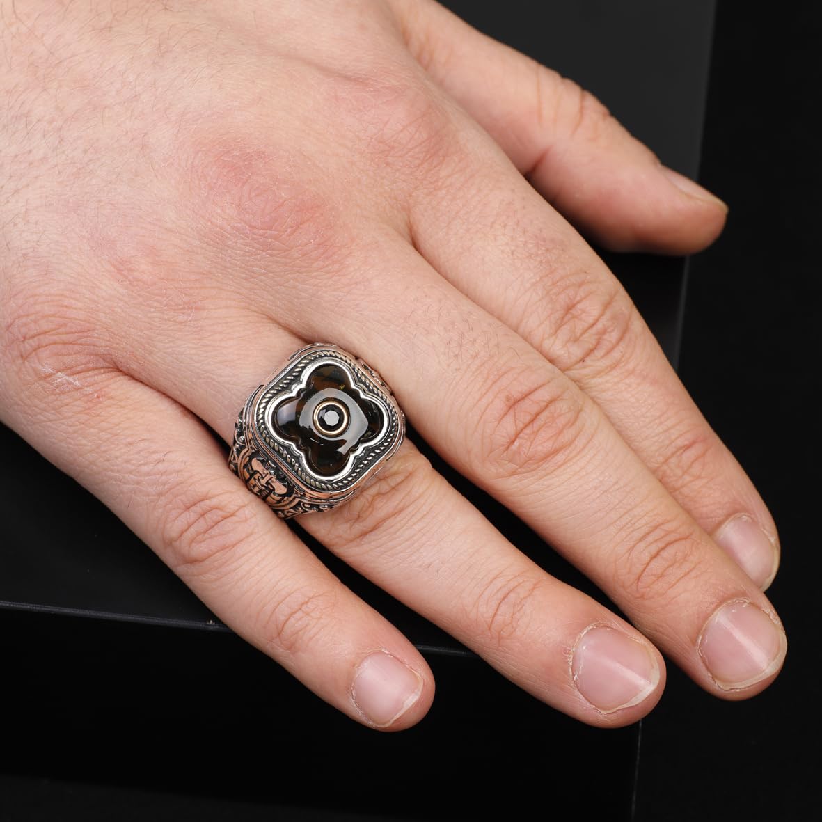 Handmade Vintage Ax Amber Ring with Micro Onyx Stone in 925 Sterling Silver for Men - Unique Gemstone Jewelry - Silver Polishing Cloth Gift