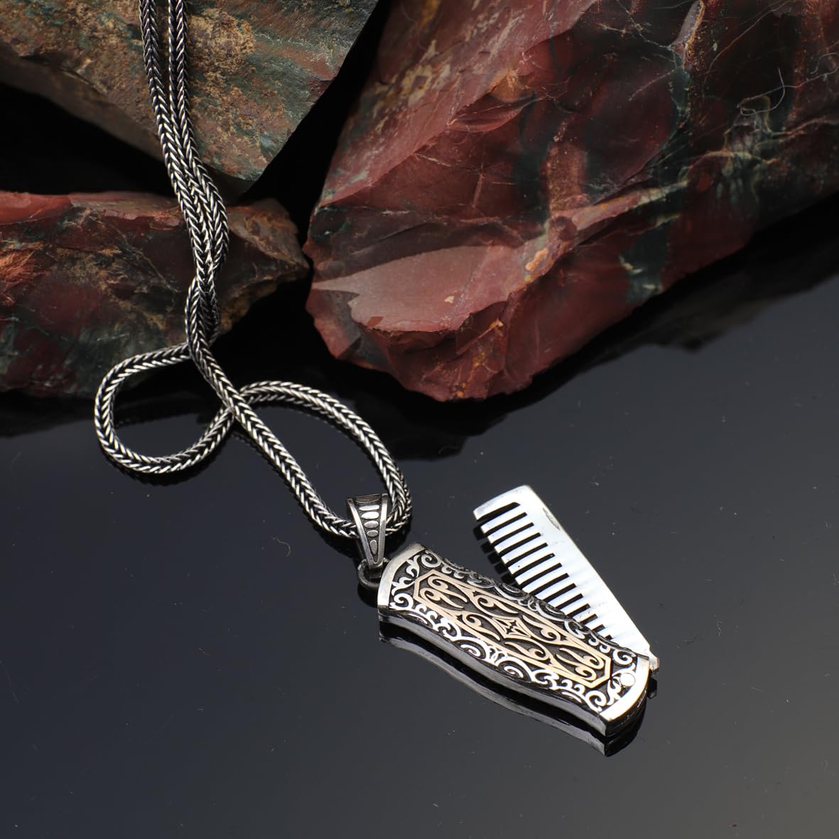 Mens Barber Comb Necklace – Sterling Silver Polished Pendant