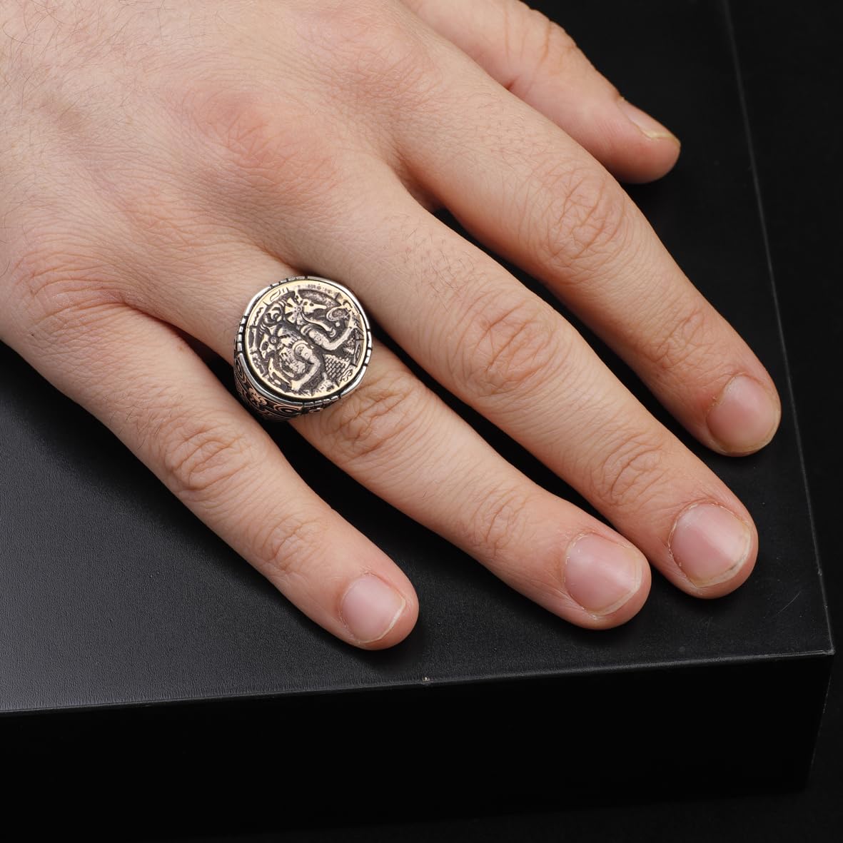 Handmade 925 Sterling Silver Custom Signet Ring with Egyptian Mythology Design - Men's Jewelry with Silver Polishing Cloth Gift