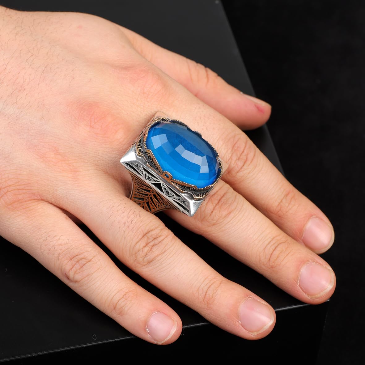 Aquamarine Ring - Large Gemstone Ring for Men