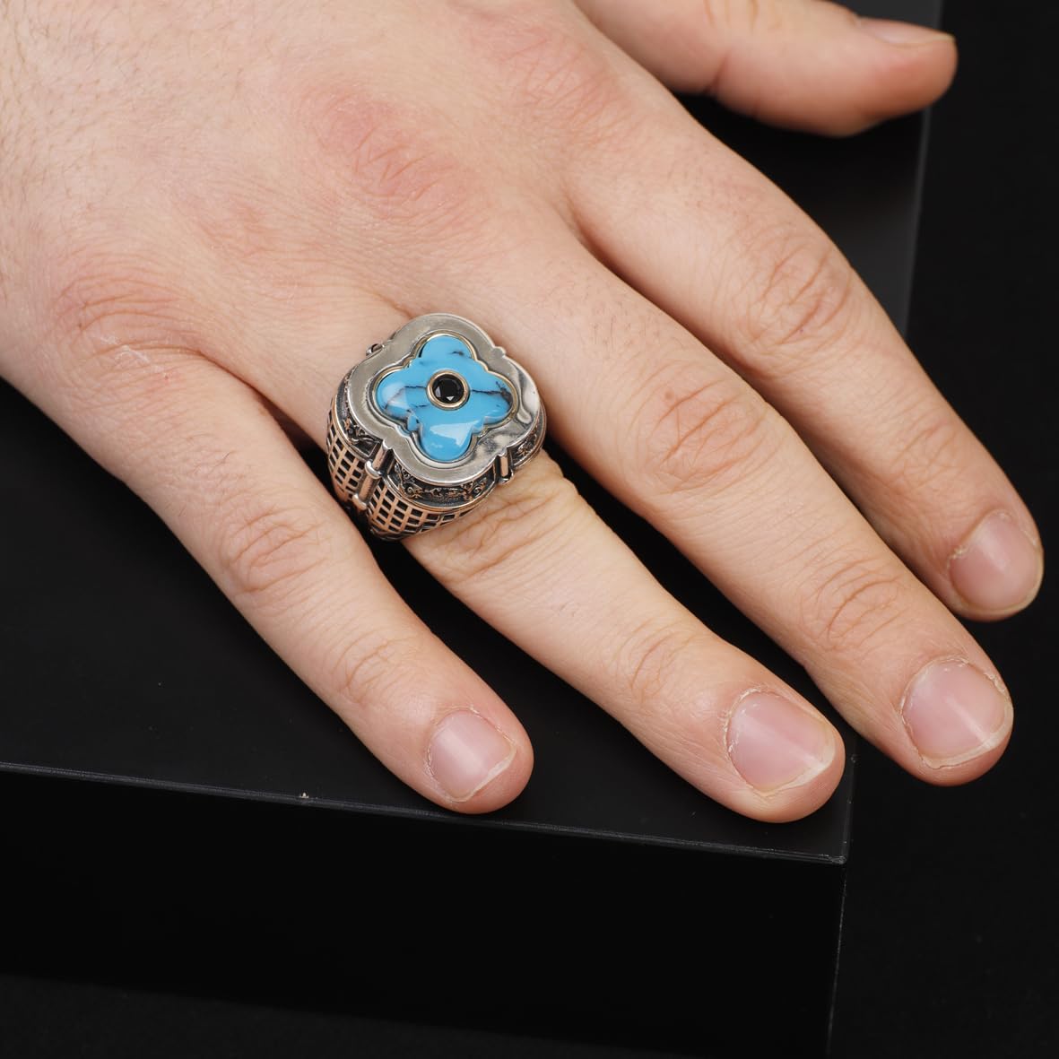 Genuine Turquoise Men's Ring with Micro Onyx Accent - Handmade Vintage Sword Design 925 Sterling Silver Jewelry for Men - Includes Silver Polishing Cloth Gift