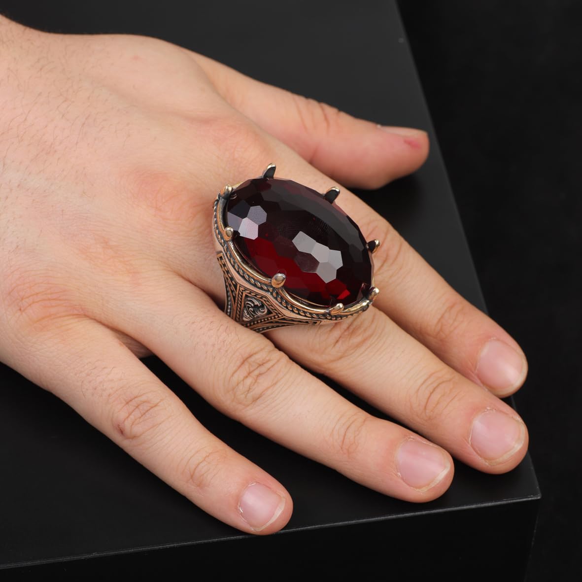 Vintage Handmade Garnet Ring with Oval Stone - Large Gemstone Ottoman Style 925 Sterling Silver Men's Ring with Silver Polishing Cloth Gift