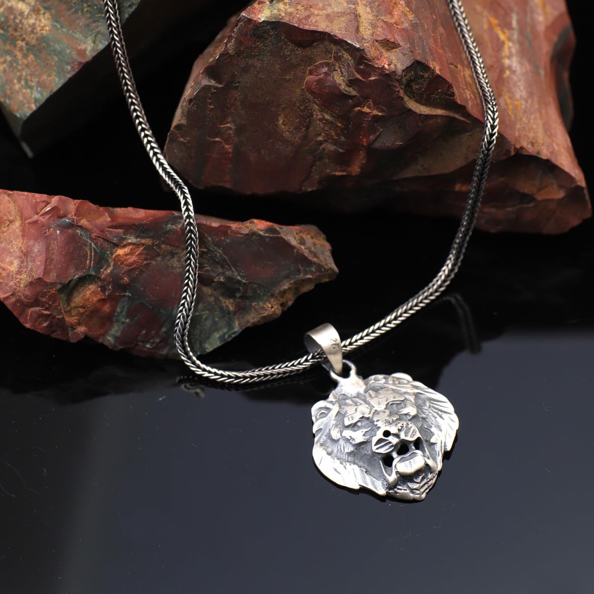 Gothic Lion Pendant Necklace for Men - Sterling Silver Biker Necklace with Silver Chain & Cleaning Cloth Gift