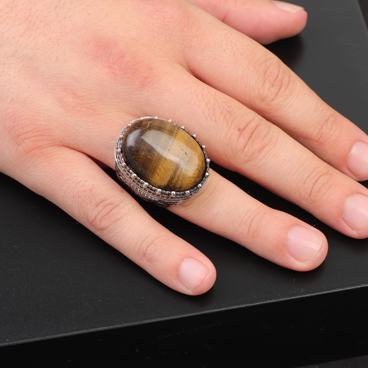 Tiger Eye Ring with Micro Onyx Stone