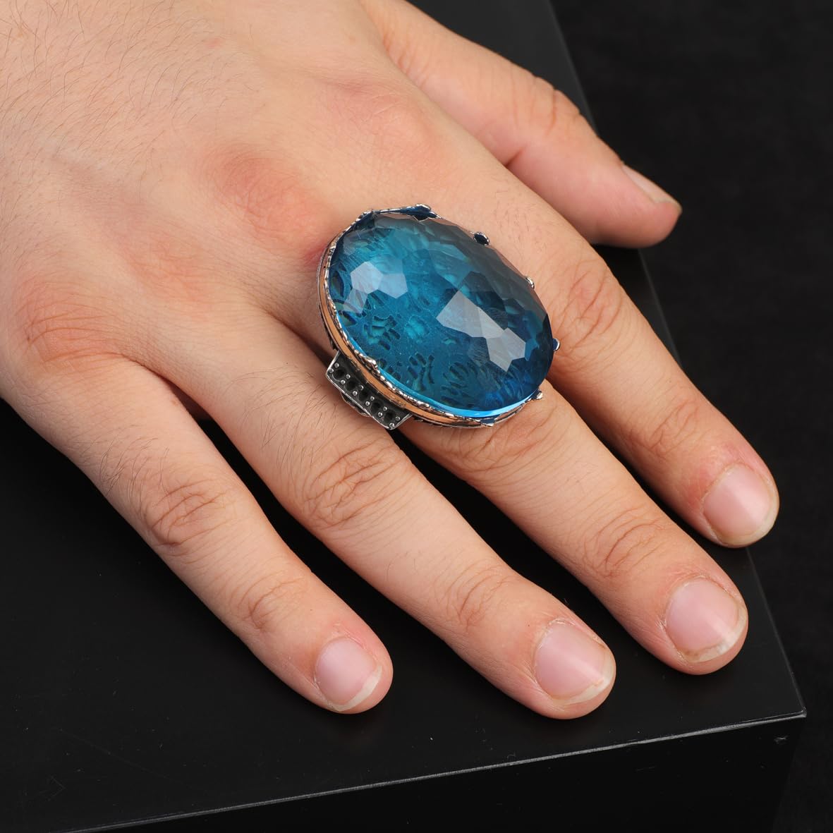 Handmade Aquamarine Men's Ring - Large Oval Stone