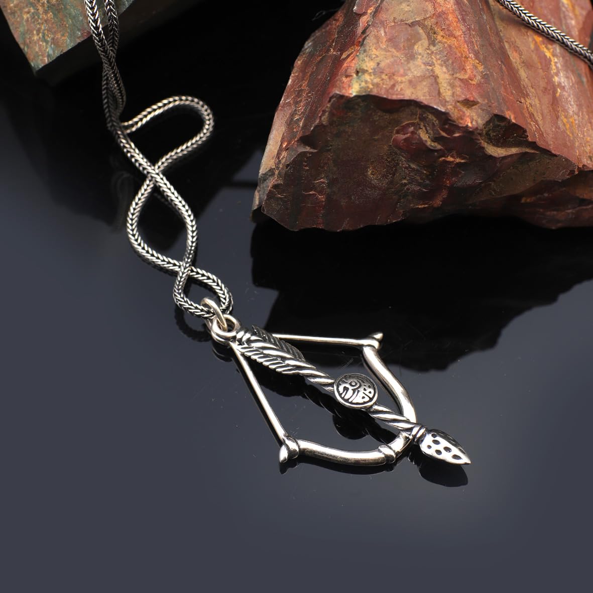 Bow and Arrow Pendant Necklace in Sterling Silver - Men’s Gothic - Biker Style with Silver Chain & Cleaning Cloth Gift