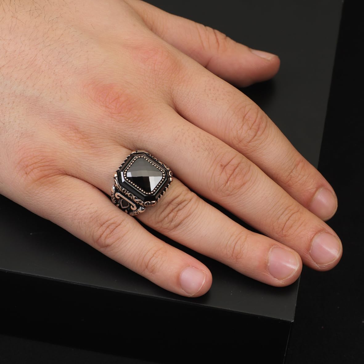 Vintage Black Onyx Ring for Men - Handmade 925 Sterling Silver Engagement Ring with Polished Gemstone - Turkish Style Men's Jewelry with Silver Polishing Cloth Gift