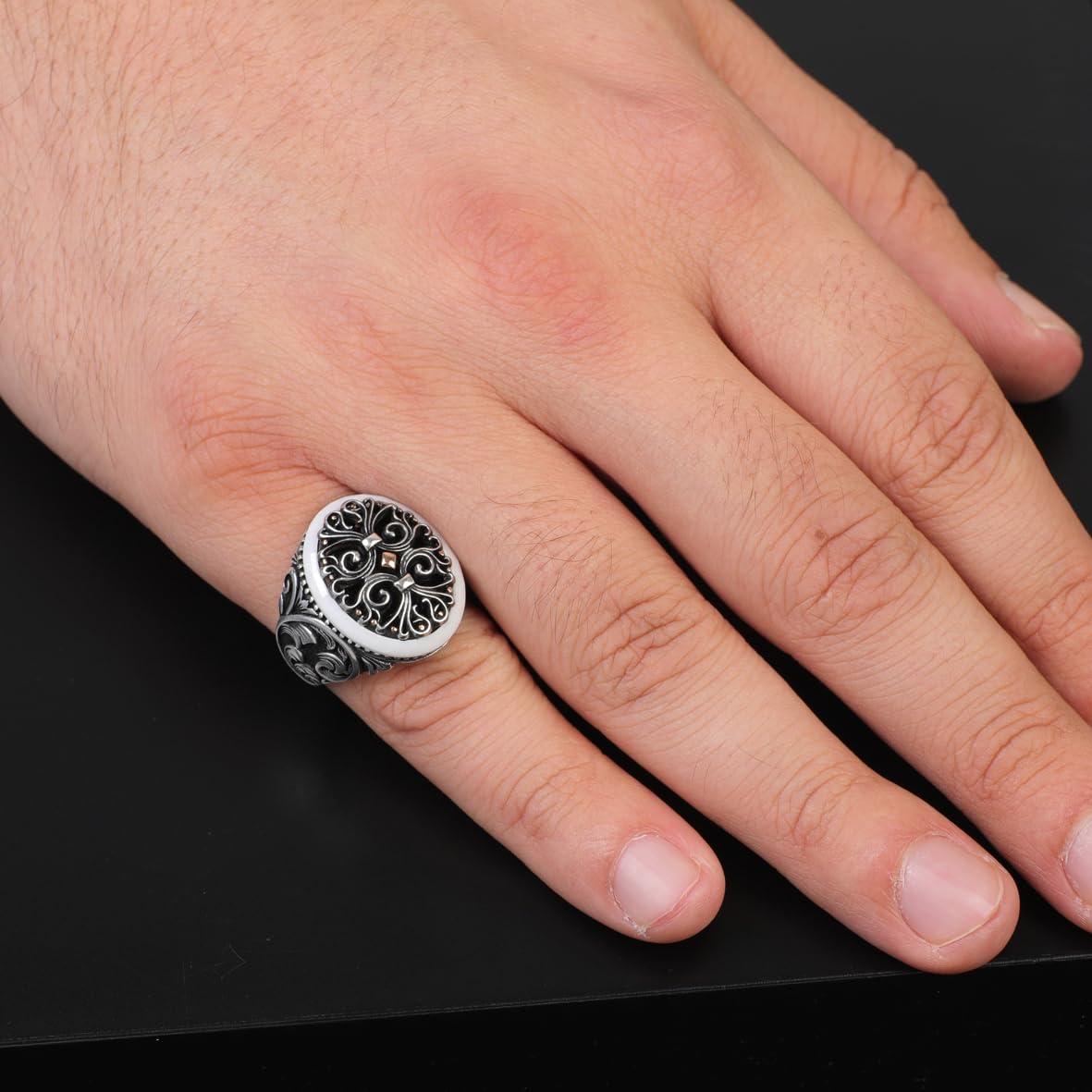 Handmade Mother of Pearl Pinky Ring - Vintage Ottoman Style Sterling Silver Engagement Ring for Men with Custom Engraving & Gift Silver Polishing Cloth