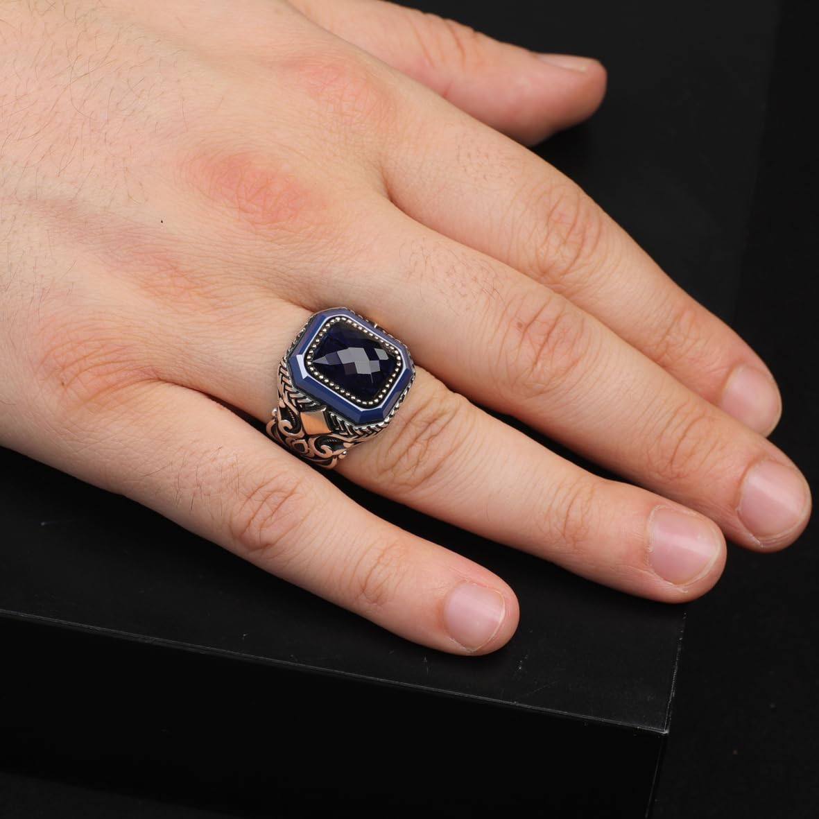 Handmade Vintage Blue Sapphire Ring - Polished 925 Sterling Silver Men's Gemstone Ring