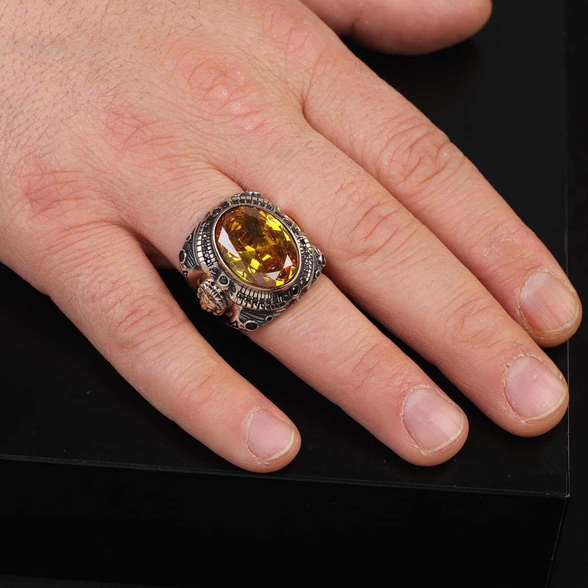 Men’s Vintage Citrine Lion Signet Ring – Handmade Sterling Silver Ring with Gemstone – Animal-Inspired Ring for Men – Custom Engraving – Gift Silver Polishing Cloth