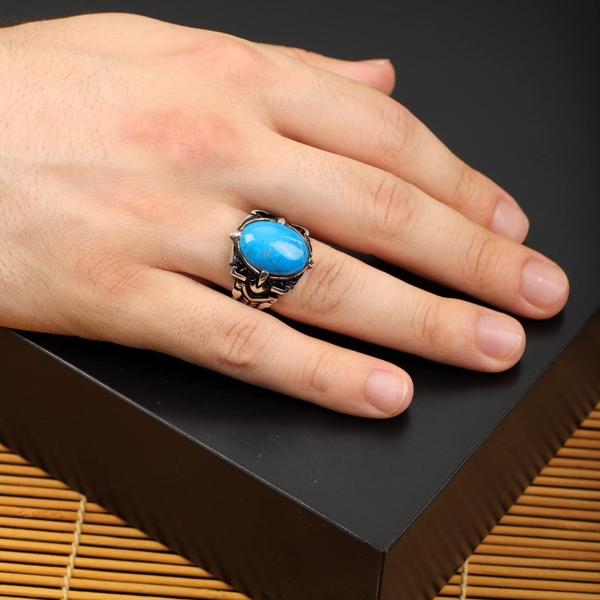 925K Sterling Silver Mens Turquoise Ring