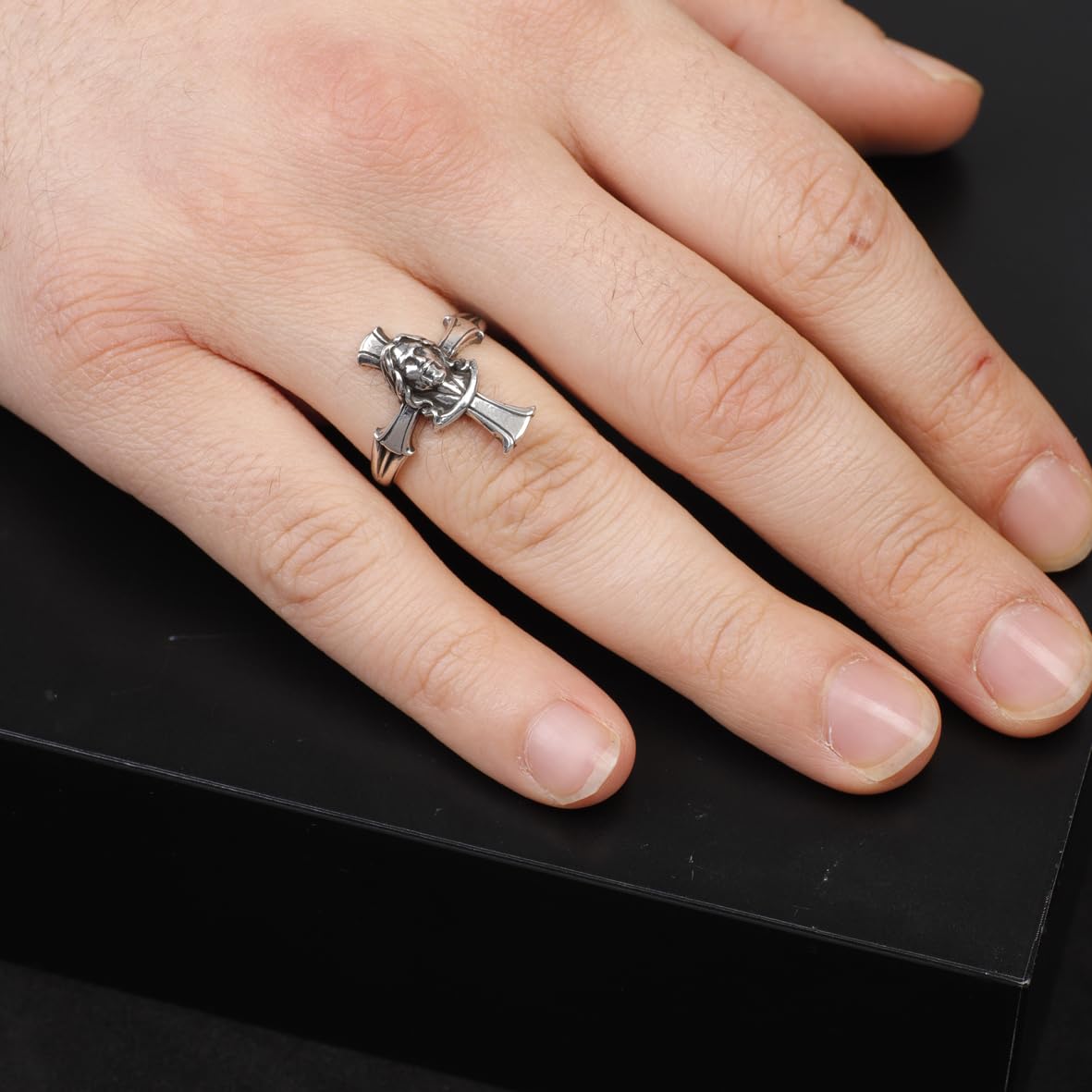 Handmade Cross Jesus Ring - 925 Sterling Silver Men's Christian Jewelry with Silver Polishing Cloth Gift