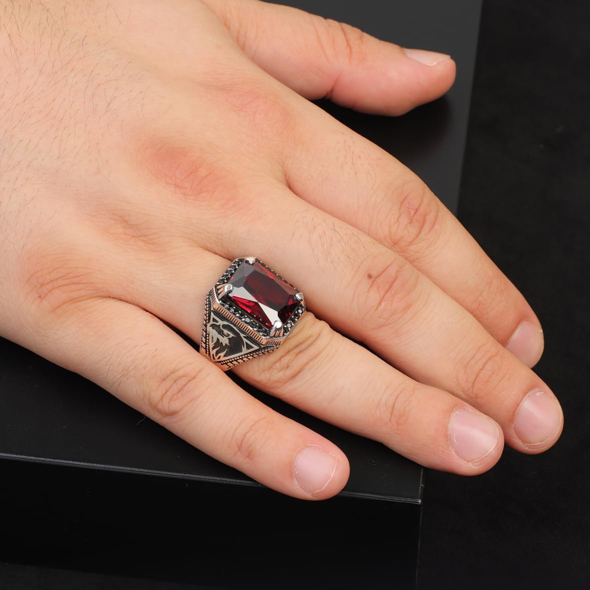 Garnet Gemstone Eagle Signet Ring – Vintage Men’s Sterling Silver Engagement Ring – Handmade Rings with Custom Engraving & Gift Silver Polishing Cloth