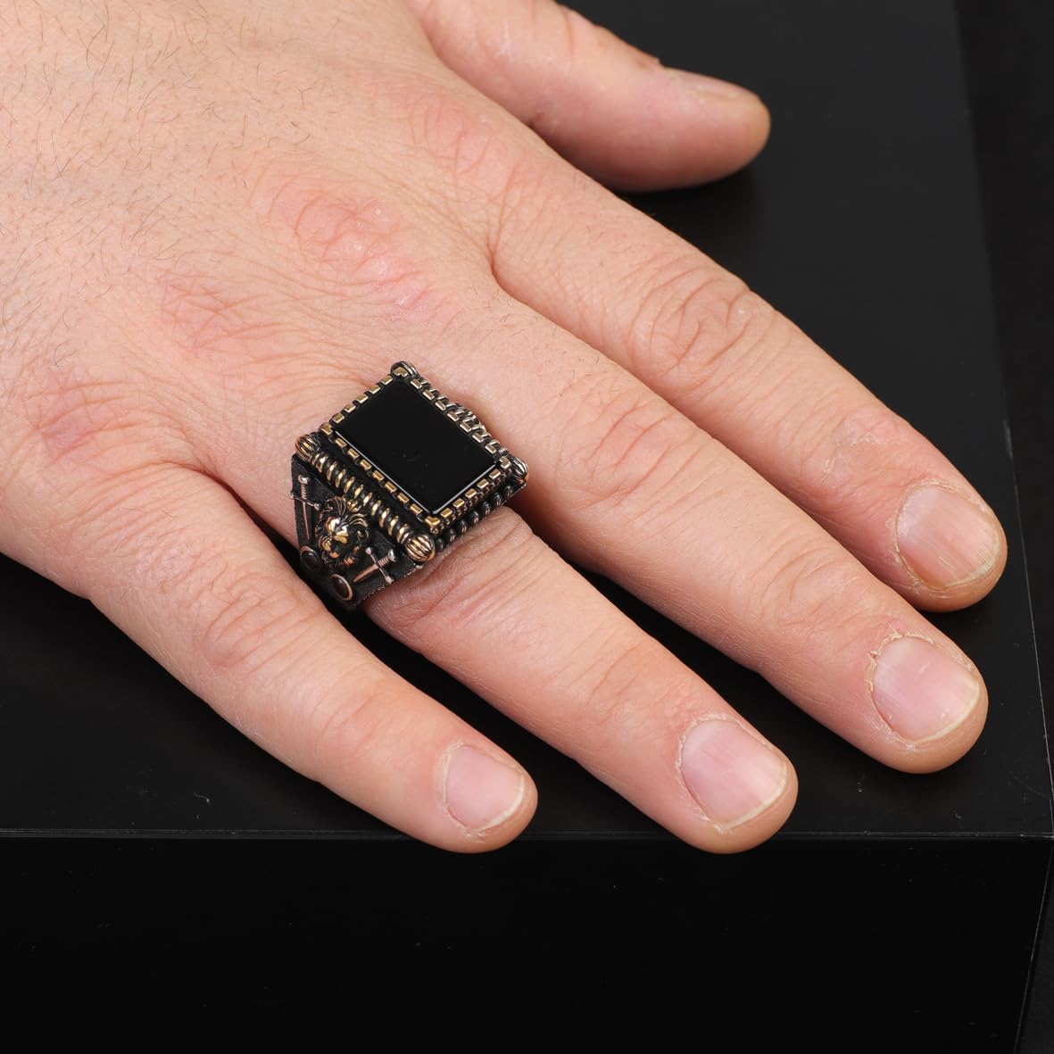 Vintage Lion Signet Onyx Ring with Sword Detail – Handmade Gemstone Sterling Silver Ring for Men