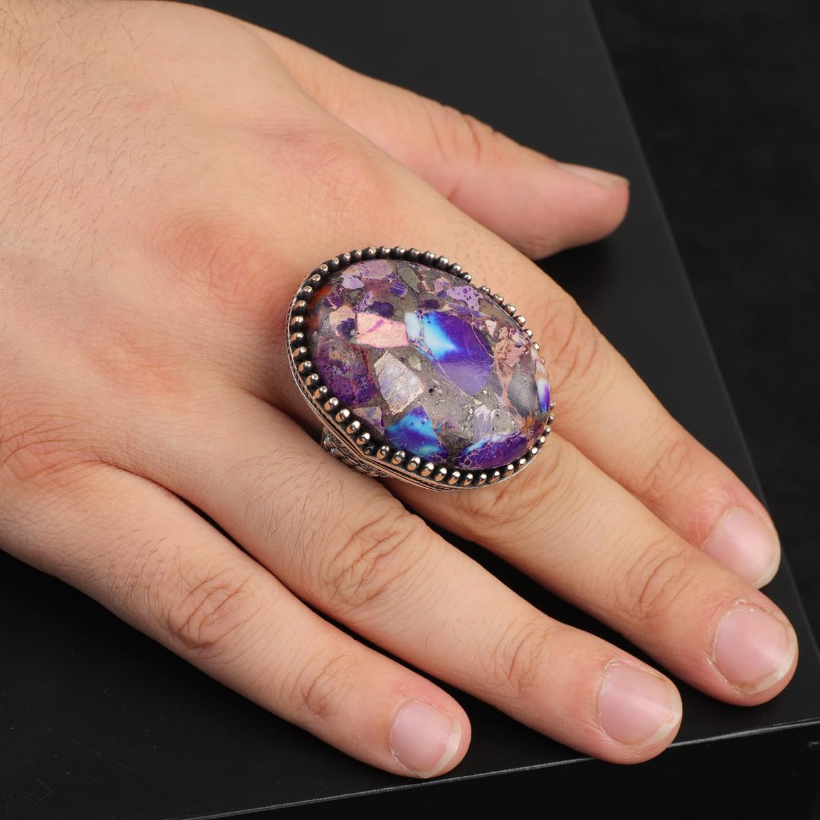 Special Turquoise Men’s Ring with Large Oval Stone – Vintage 925 Sterling Silver Ring