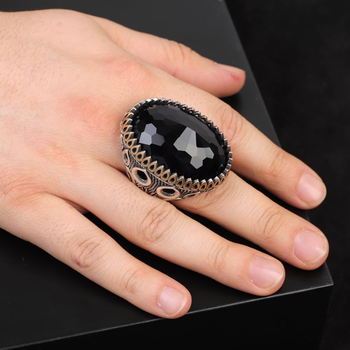 Emerald Oval Gemstone Ring - Large Handmade Ottoman Style Vintage Men's 925 Sterling Silver Ring with Silver Polishing Cloth Gift