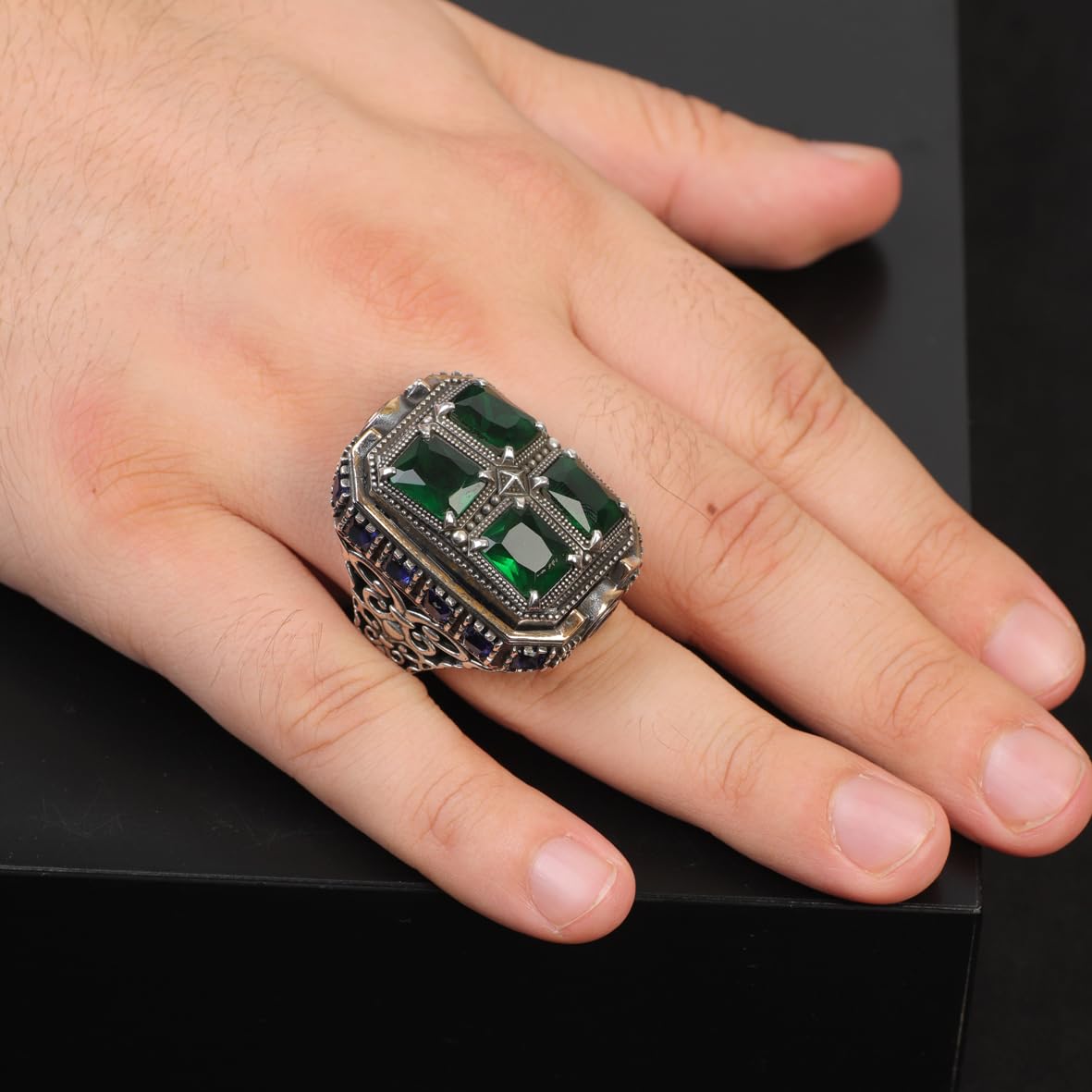 Handmade Emerald and Sapphire Stone Ottoman Ring – Large Statement Vintage Gemstone Ring