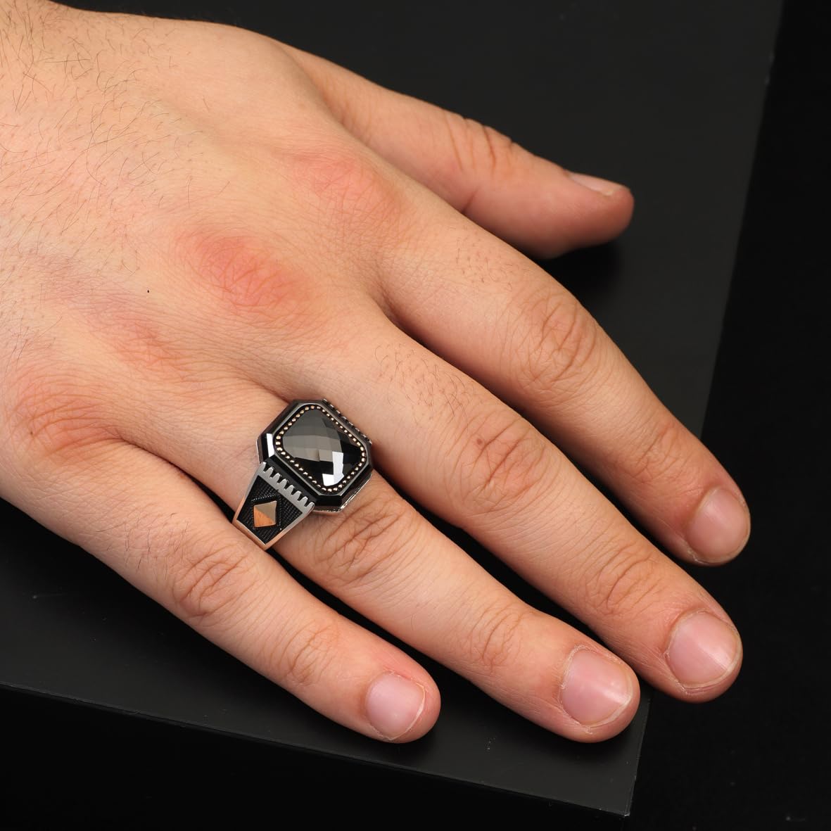 Black Onyx Vintage Men's Gemstone Ring - Handmade 925 Sterling Silver Turkish Engagement Ring with Polished Finish and Silver Polishing Cloth Gift Included