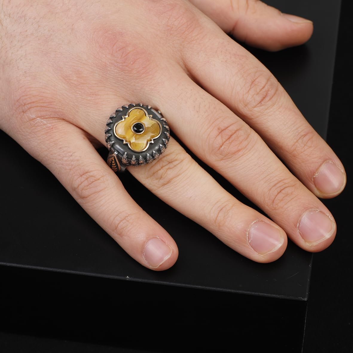 Vintage Tiger Eye and Black Onyx Knife Ring - Handmade 925 Sterling Silver Men's Ring with Gemstone