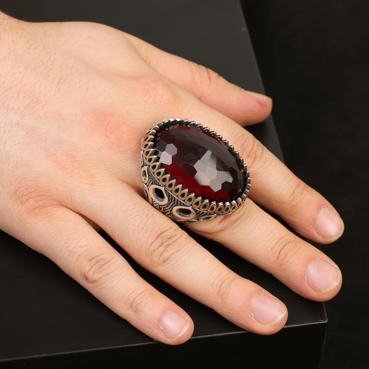 Handmade Garnet Ring with Oval Stone - Vintage Ottoman Style Men's 925 Sterling Silver Gemstone Ring + Silver Polishing Cloth Gift