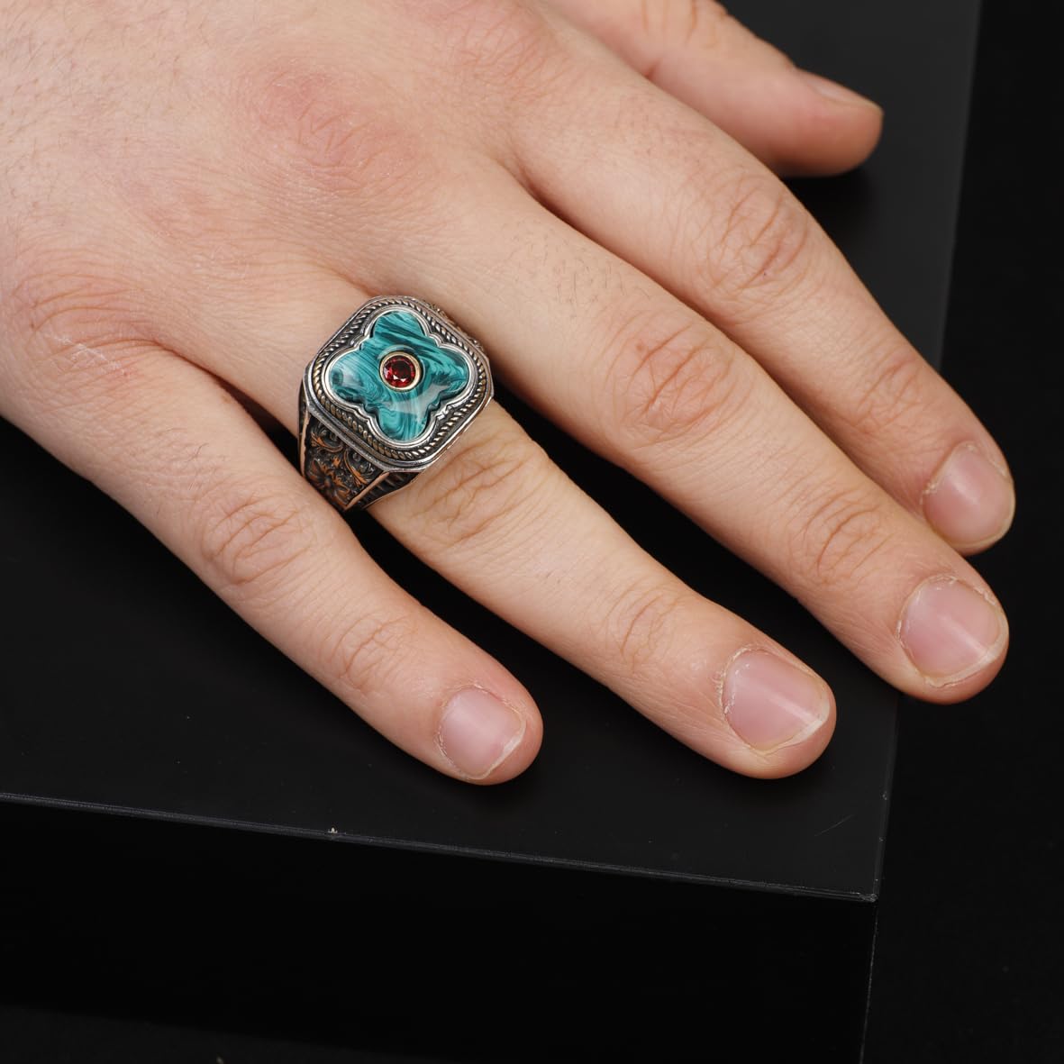 Vintage Handmade Malachite Ring with Ruby Stone