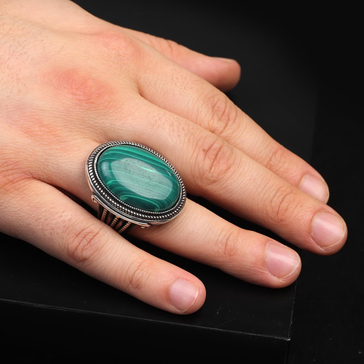 Vintage Malachite Oval Stone Ring for Men - Large 925 Sterling Silver Turkish Handmade Polished Engagement Ring with Silver Polishing Cloth Gift