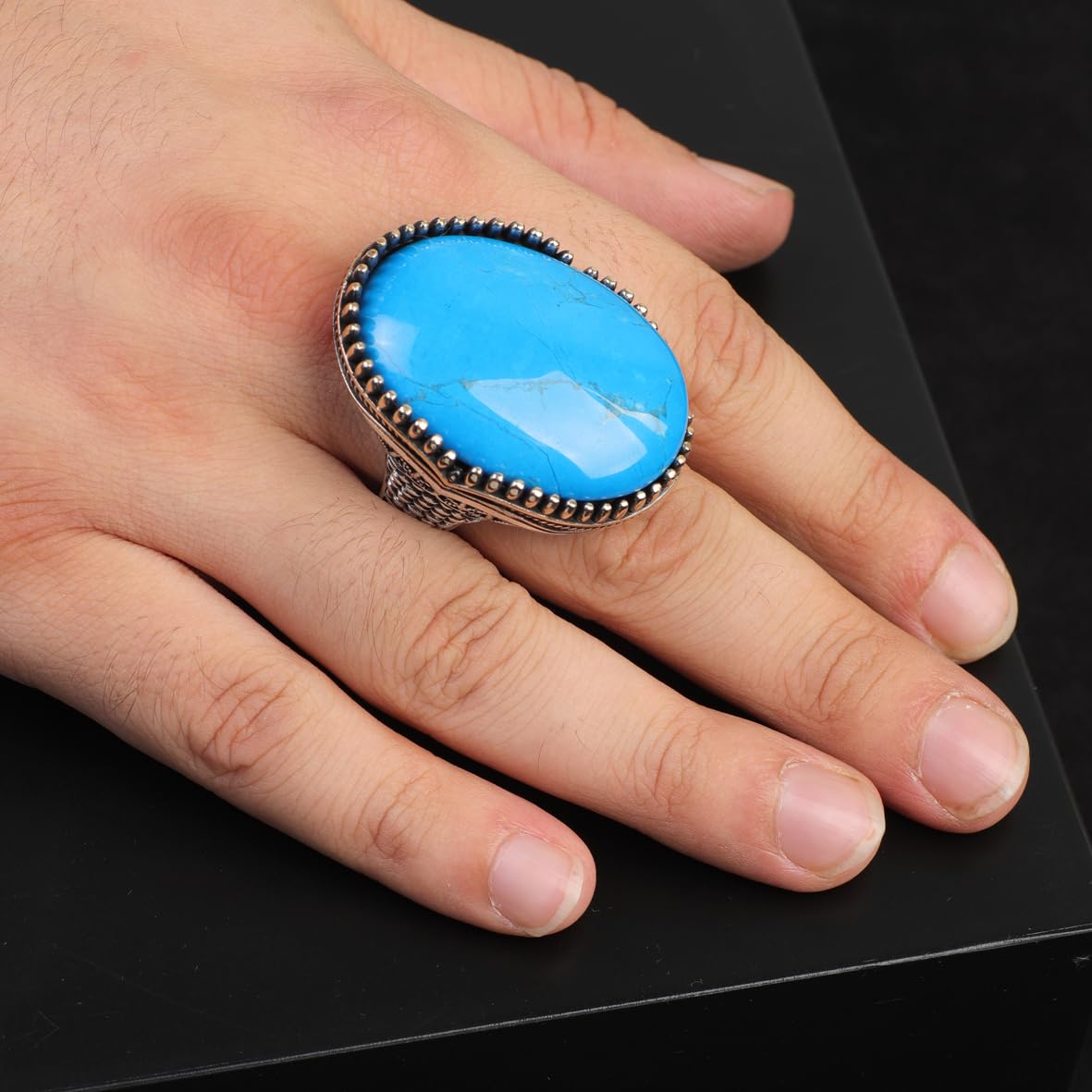 Vintage Genuine Turquoise Men's Ring - Large Oval Stone in Polished 925 Sterling Silver