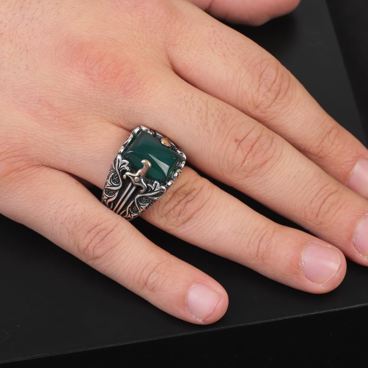 Sterling Silver Jade Ring - Men's Sword Pinky Ring