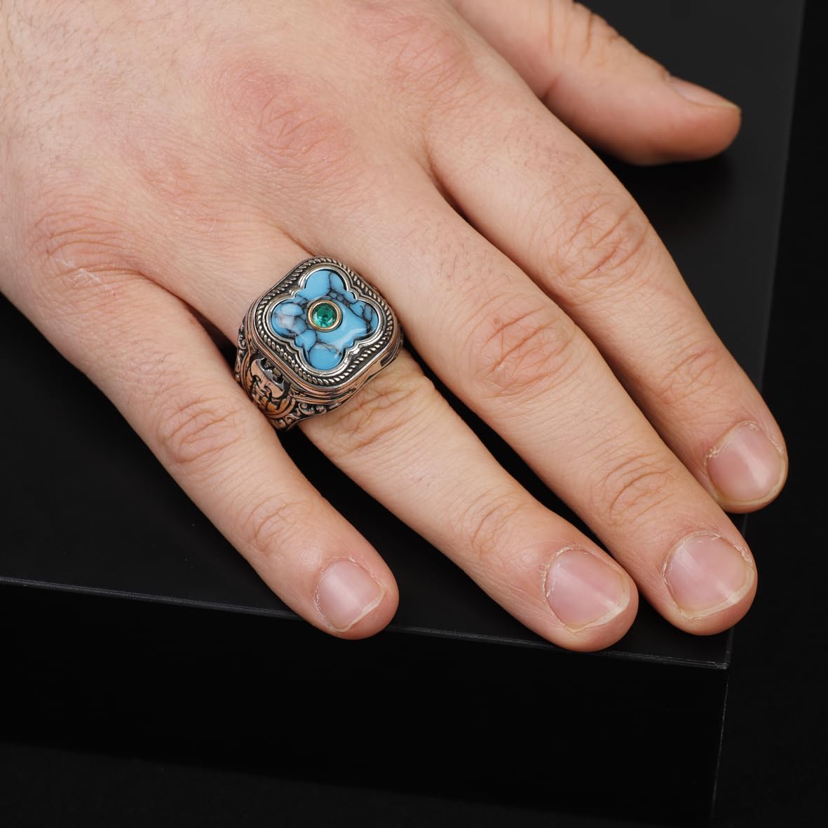 Genuine Turquoise Men's Ax Ring with Micro Emerald Stone - Vintage Handmade 925 Sterling Silver Ring for Men - Includes Silver Polishing Cloth Gift