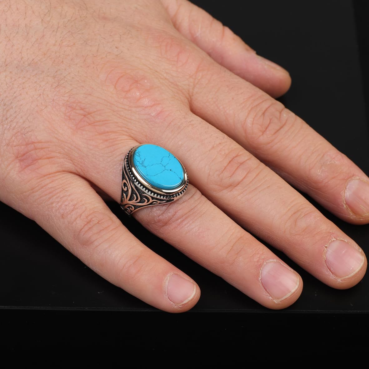 Handmade Ottoman Turquoise Signet Ring for Men – Vintage Sterling Silver Gemstone Ring