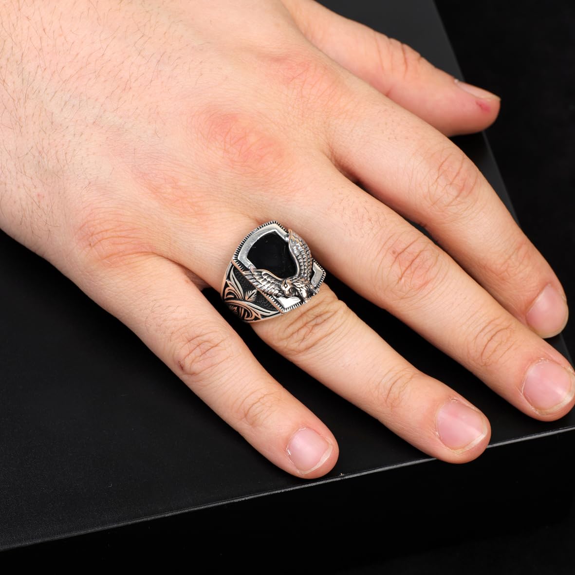 Handmade Onyx Gemstone Eagle Ring for Men Vintage 925 Sterling Silver