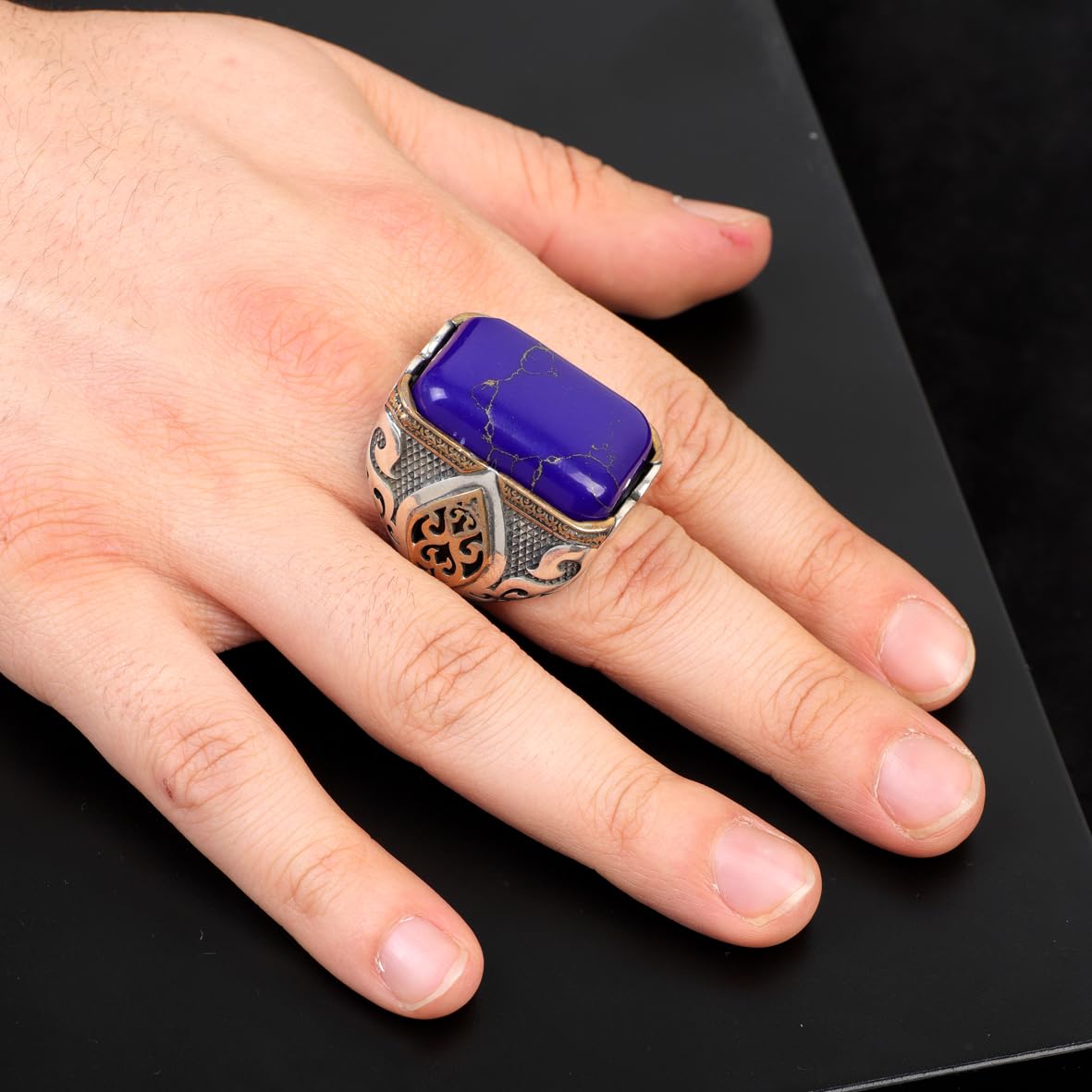 Lapis Lazuli Ring for Men - Handmade Ottoman Style Gemstone Ring with 925 Sterling Silver and Silver Polishing Cloth Gift
