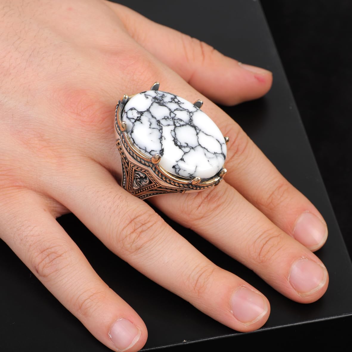 Handmade White Turquoise Large Ring with Oval Stone - Vintage Ottoman Men's 925 Sterling Silver Gemstone Ring - Silver Polishing Cloth Gift