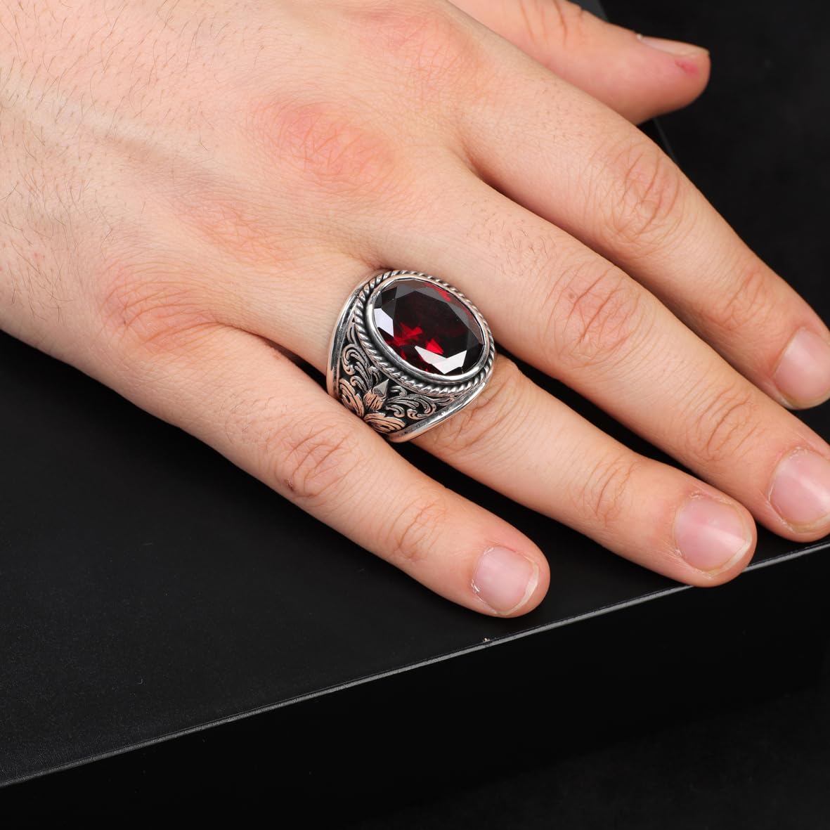 Handmade Garnet Gemstone Oval Stone Engagement Ring for Men Vintage 925 Sterling Silver