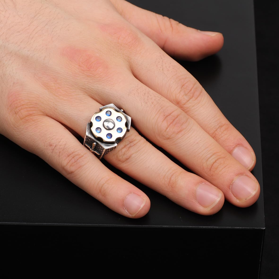 925 Sterling Silver Sapphire Rotating Sword Ring for Men - Sapphire and 925 Sterling Silver Ring - Birthday Gifts