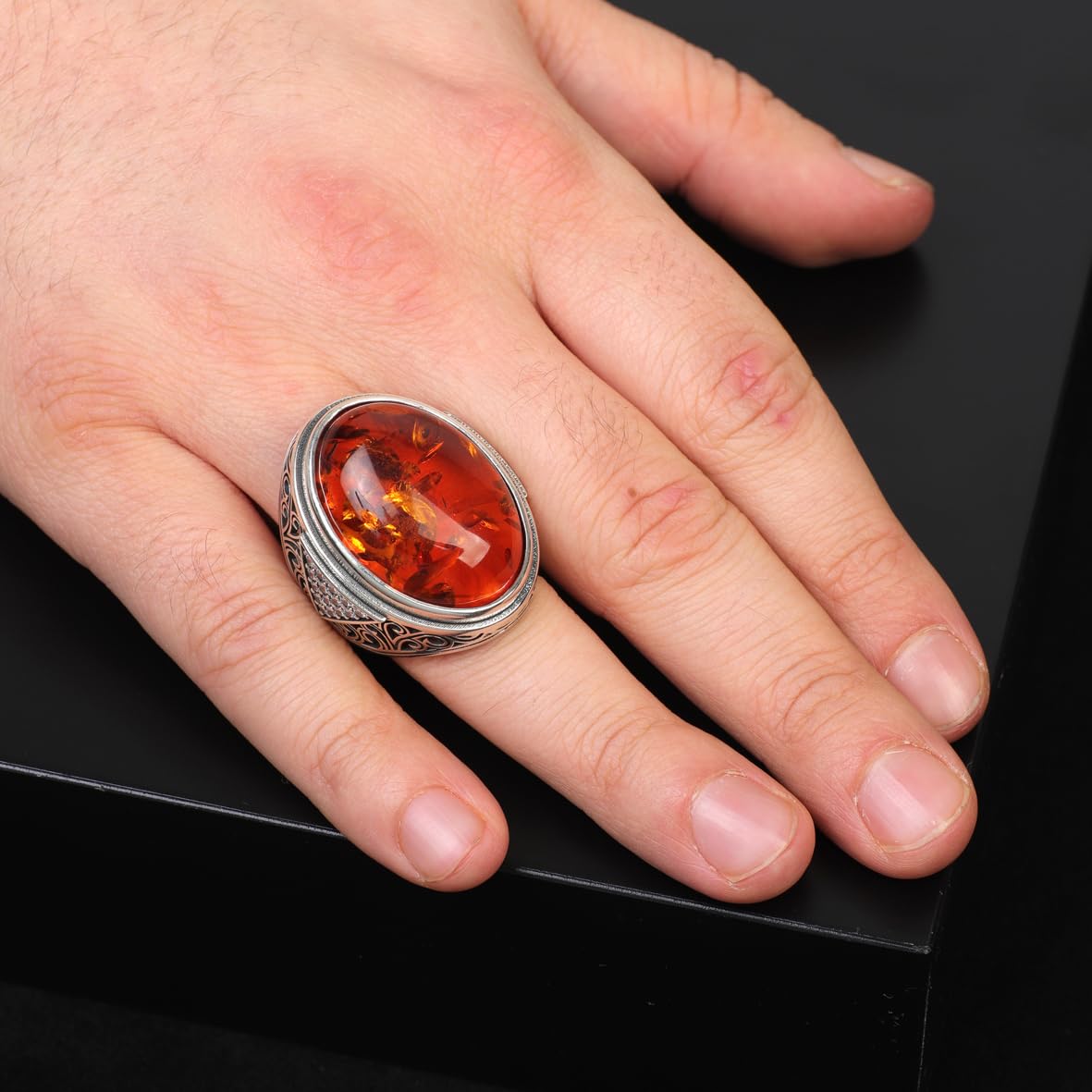 Amber Ring for Men – Large Chunky Sterling Silver Ring with Micro Sapphire Stone