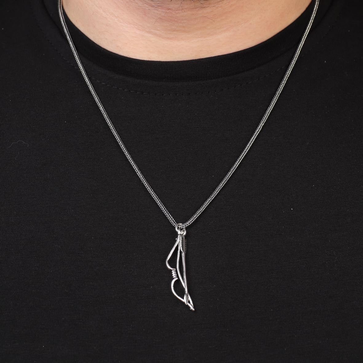 Bow Arrow Necklace - Polished Sterling Silver Biker Necklace - Mens Pendant on Silver Chain - Mens Necklace with Silver Cleaning Cloth Gift