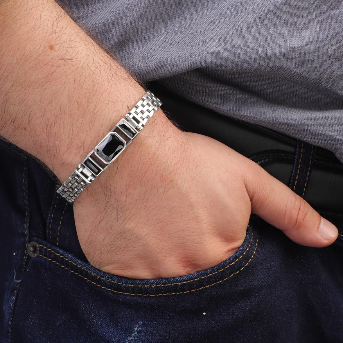 Onyx Gemstone Vintage Bracelet – Made to Order Handmade Sterling Silver Chain Bracelet for Men – Hand-Engraved Gothic Personalize Bracelet with Gift Silver Polishing Cloth