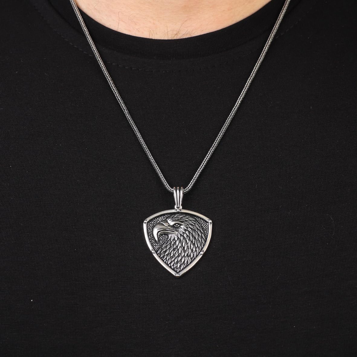 American Eagle Necklace - Sterling Silver Mens Pendant on Silver Chain - Gothic Biker Necklace - Silver Cleaning Cloth Gift