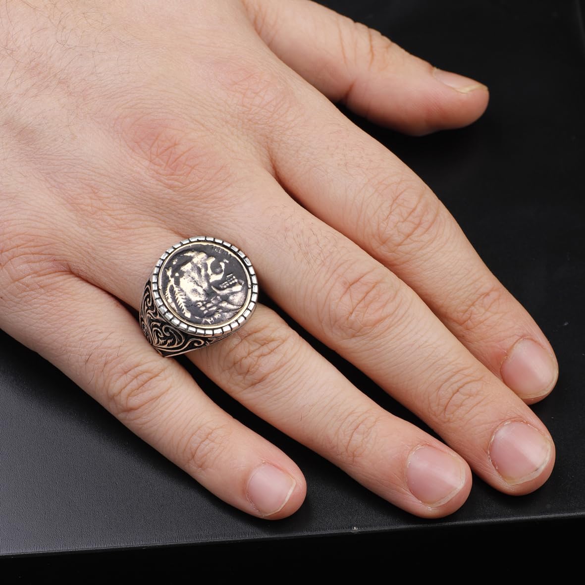 Handmade 925 Sterling Silver Custom Signet and Skull Ring - Men's Jewelry with Silver Polishing Cloth Gift