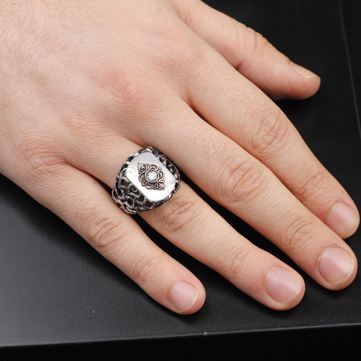 Handmade Mother of Pearl Ring in Ottoman Style - 925 Sterling Silver Men's Gemstone Jewelry