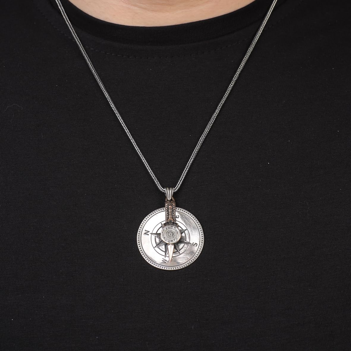 Sterling Silver Compass Necklace – Polished Biker Necklace for Men – Silver Chain & Pendant – Mens Necklace with Silver Cleaning Cloth Gift
