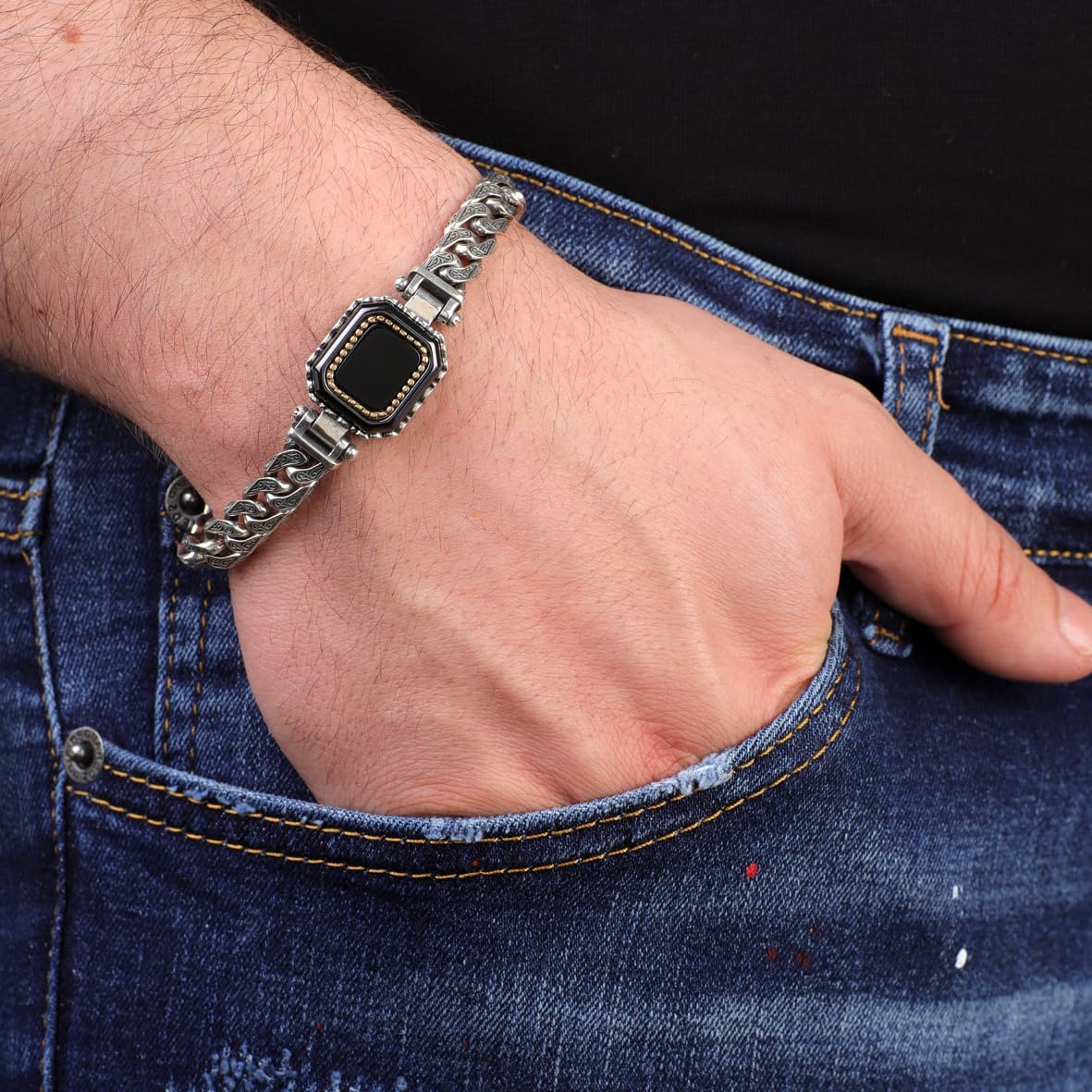 Made to Order Personalized Gothic Vintage Pattern 925 Sterling Silver Chain Bracelet for Men with Onyx Gemstone - Hand-Engraved Handmade Bracelet