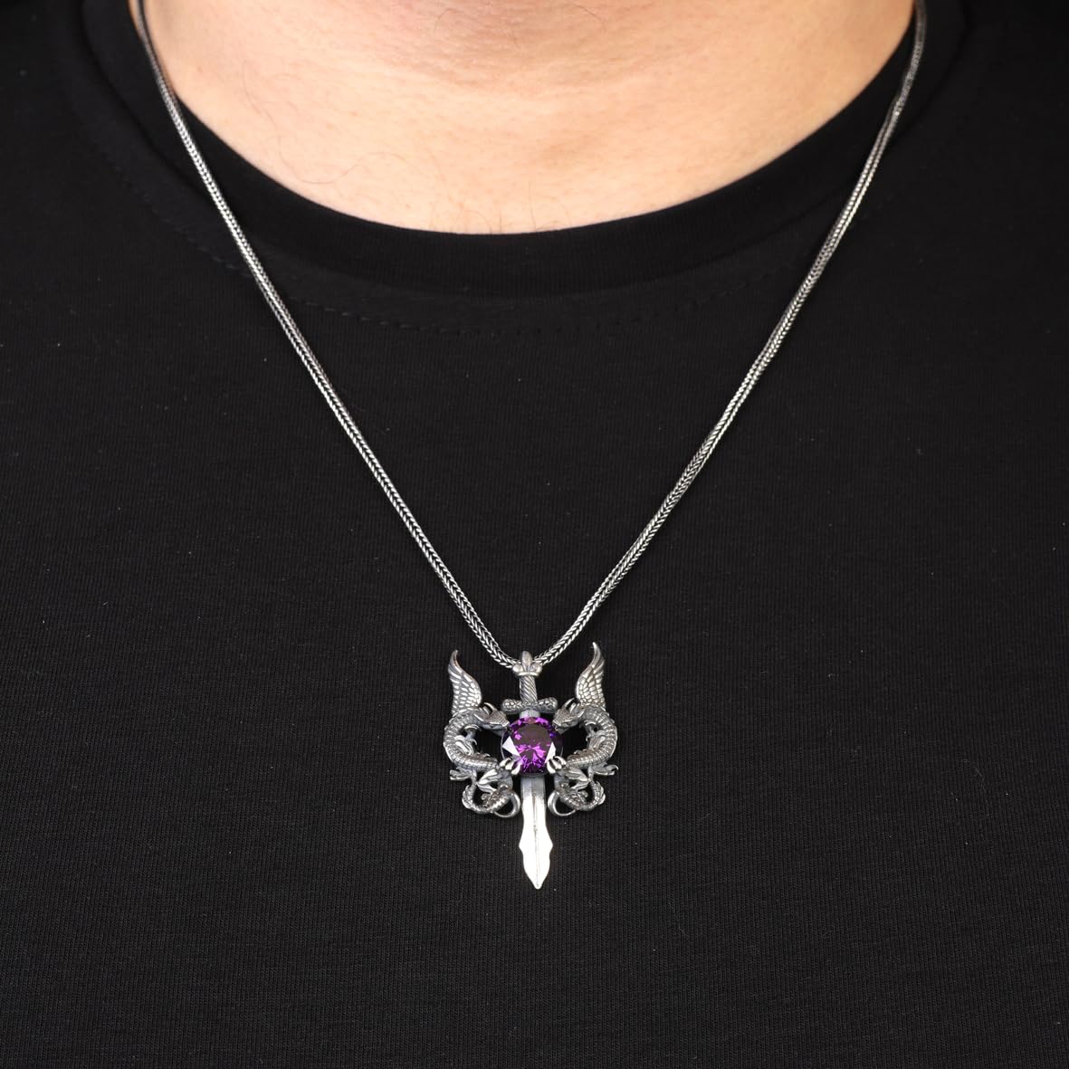 Amethyst Dragon Sword Necklace - Sterling Silver Men's Pendant with Silver Chain