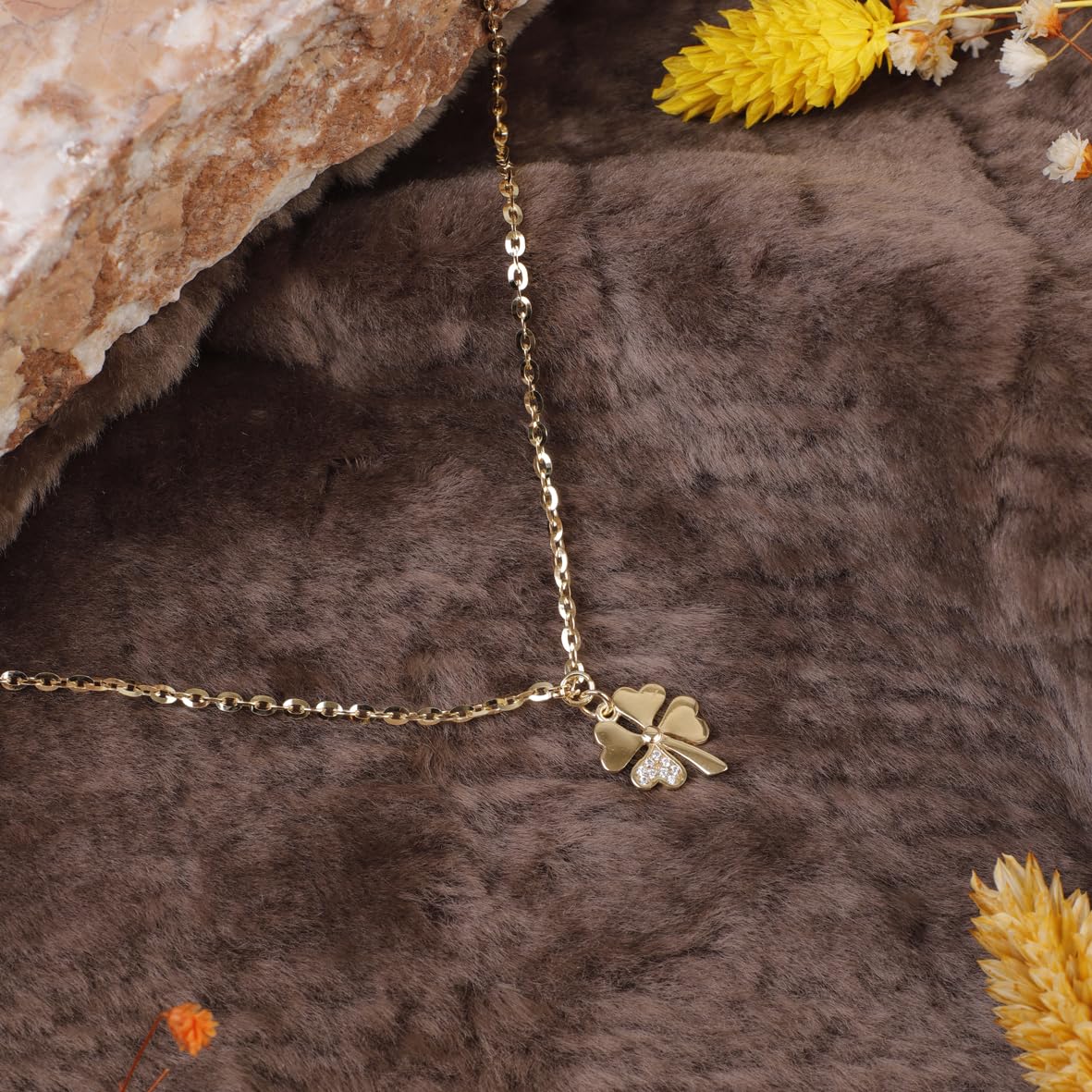 Four-Leaf Clover Necklace with Zircon Stone - Sterling Silver Necklace for Women - Four-Leaf Clover Necklace with Gold & Zircon Accents - Birthday Gifts for Women
